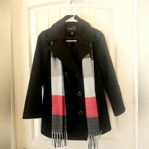London Fog Women’s Wool-Blend Peacoat with scarf, Black, EUC, Size: 4P